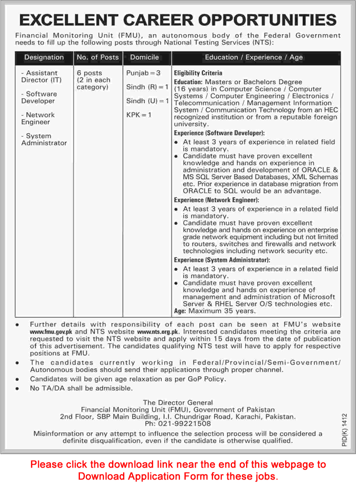 Financial Monitoring Unit Karachi Jobs 2016 October / November NTS Application Form Assistant Directors SBP Latest