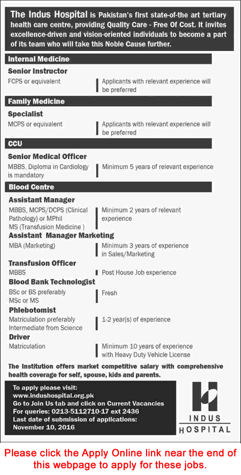 Indus Hospital Karachi Jobs October 2016 November Apply Online Medical Officers, Specialist Doctors & Others Latest