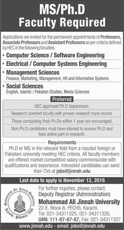 Mohammad Ali Jinnah University Karachi Jobs 2016 October / November MAJU Teaching Faculty Latest