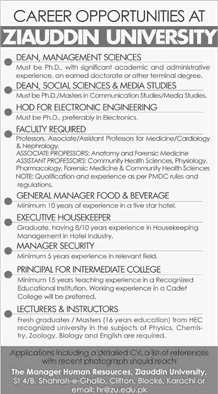 Ziauddin University Karachi Jobs October 2016 November Teaching Faculty & Others Latest