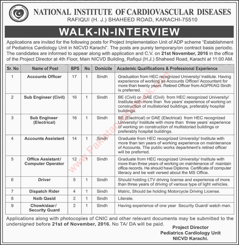 National Institute of Cardiovascular Diseases Karachi Jobs November 2016 Walk In Interview NICVD Latest