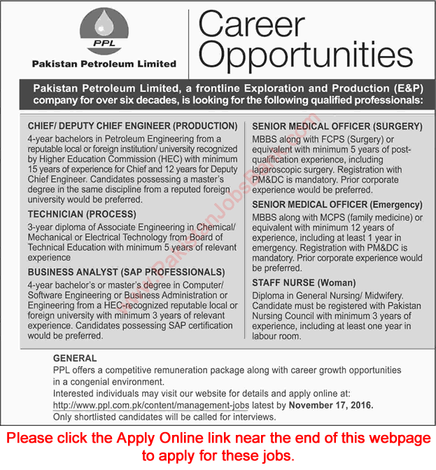 Pakistan Petroleum Limited Jobs November 2016 PPL Apply Online Medical Officers, Nurses & Others Latest