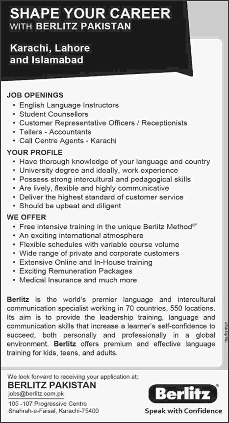 Berlitz Pakistan Jobs November 2016 Call Centre Agents, Tellers, Receptionists & Others Latest