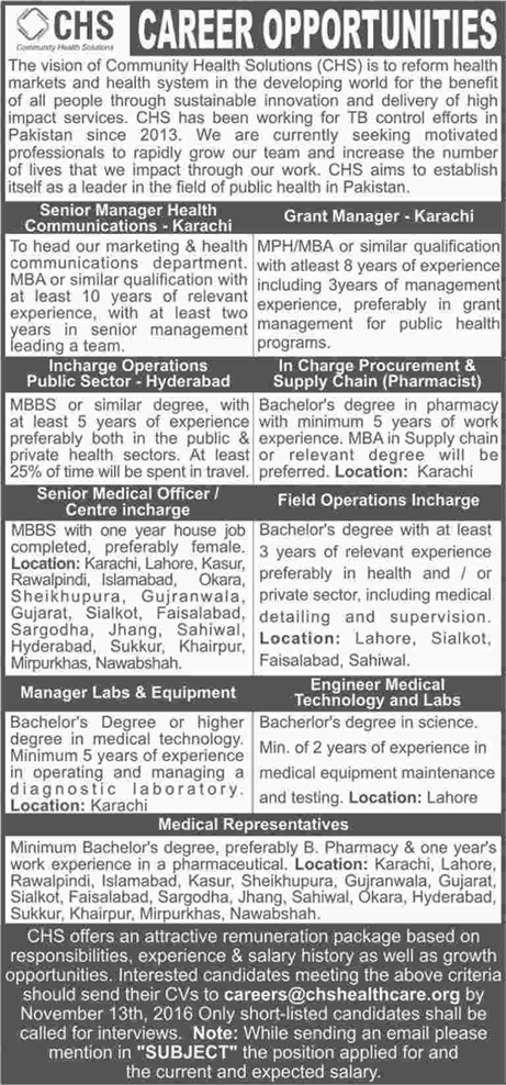 Community Health Solutions Pakistan Jobs November 2016 CHS Medical Representatives & Others Latest