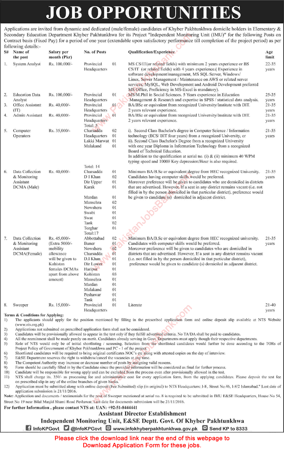 Elementary and Secondary Education Department KPK Jobs November 2016 NTS Application Form Download Latest