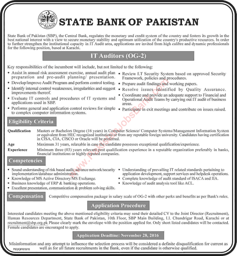 IT Auditor Jobs in State Bank of Pakistan November 2016 SBP Latest Advertisement