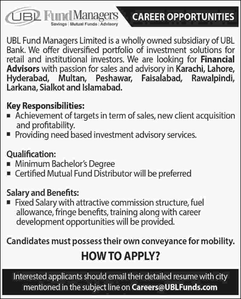 UBL Fund Managers Limited Pakistan Jobs 2016 Financial Advisors Latest