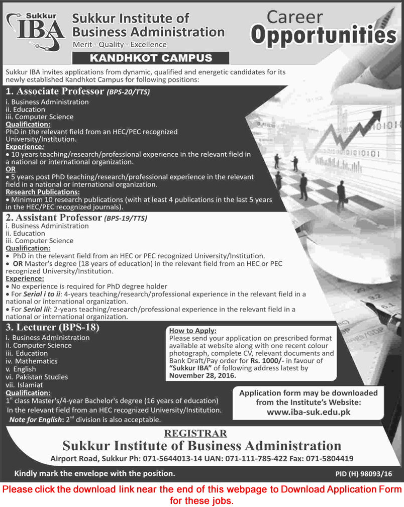 IBA Sukkur Kandhkot Campus Jobs November 2016 Application Form Teaching Faculty Latest