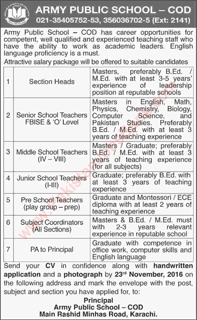 Army Public School COD Karachi Jobs November 2016 Teachers & Admin Staff Latest