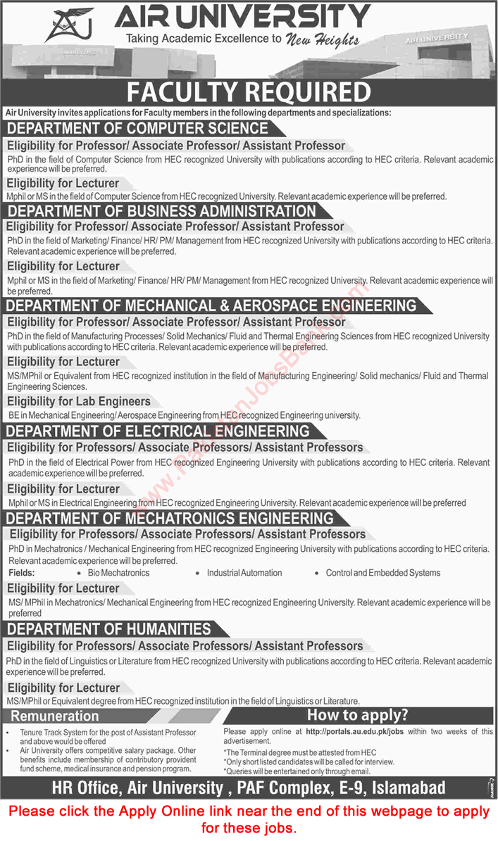 Air University Islamabad Jobs November 2016 Apply Online Teaching Faculty & Lab Engineers Latest