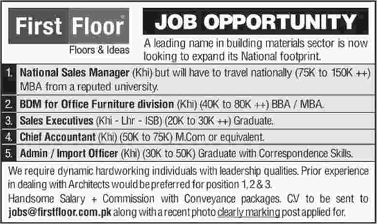 First Floor Pakistan Jobs 2016 November Sales Executives / Managers, Accountant & Others Latest