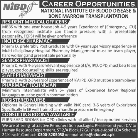 NIBD Karachi Jobs 2016 November Medical Officers, Pharmacists, Nurses & Others Latest