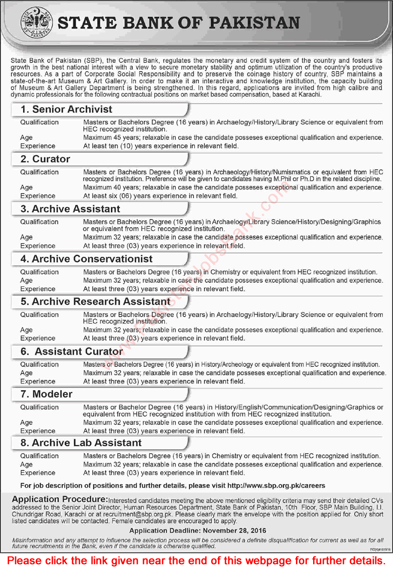 State Bank of Pakistan Jobs November 2016 Karachi SBP Latest