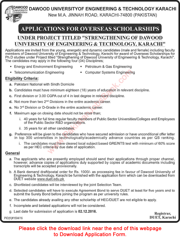 Dawood University Karachi Overseas PhD Scholarships 2016 November Application Form DUET Latest