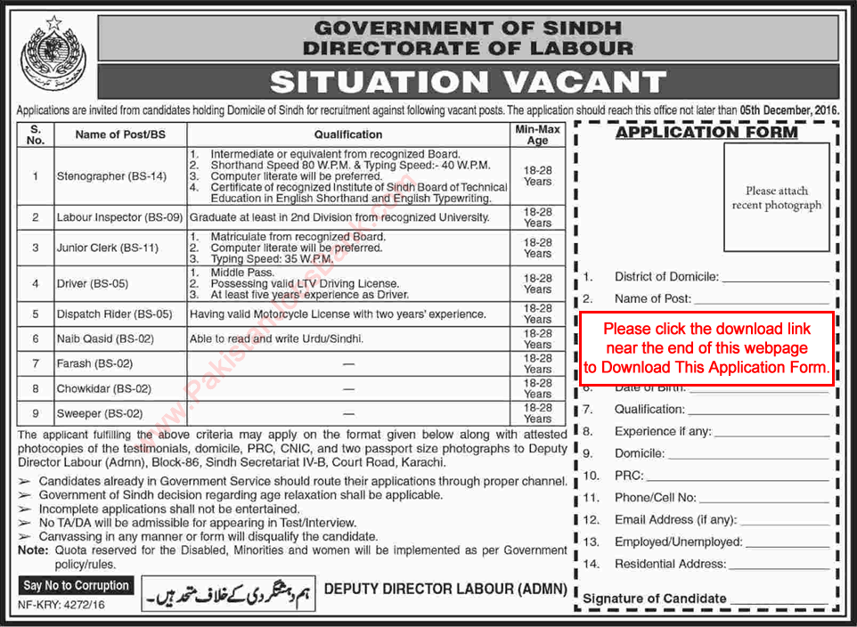 Labour Department Sindh Jobs 2016 November Application Form Stenographers, Clerks & Others Latest