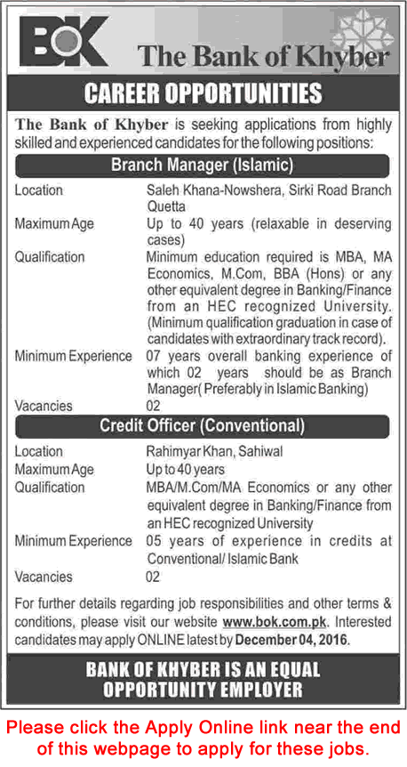 Bank of Khyber Jobs November 2016 Credit Officers & Branch Managers Apply Online BOK Latest