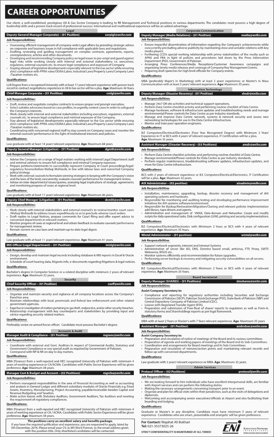 ENI Pakistan Jobs November 2016 Managers, Protocol Officers & Others at Oil & Gas Sector Company Latest