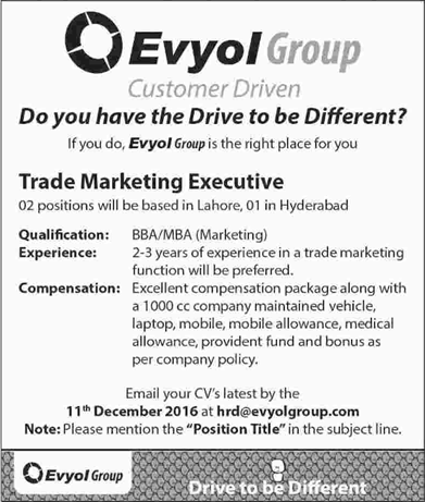Evyol Group Pakistan Jobs November 2016 Trade Marketing Executive Latest