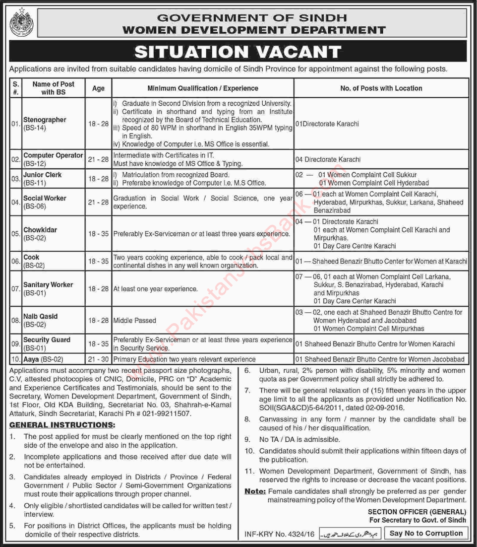 Women Development Department Sindh Jobs November 2016 Social Workers, Computer Operators & Others Latest