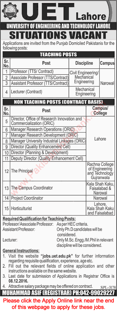 UET Lahore Jobs November 2016 Online Application Form Teaching Faculty & Others Latest