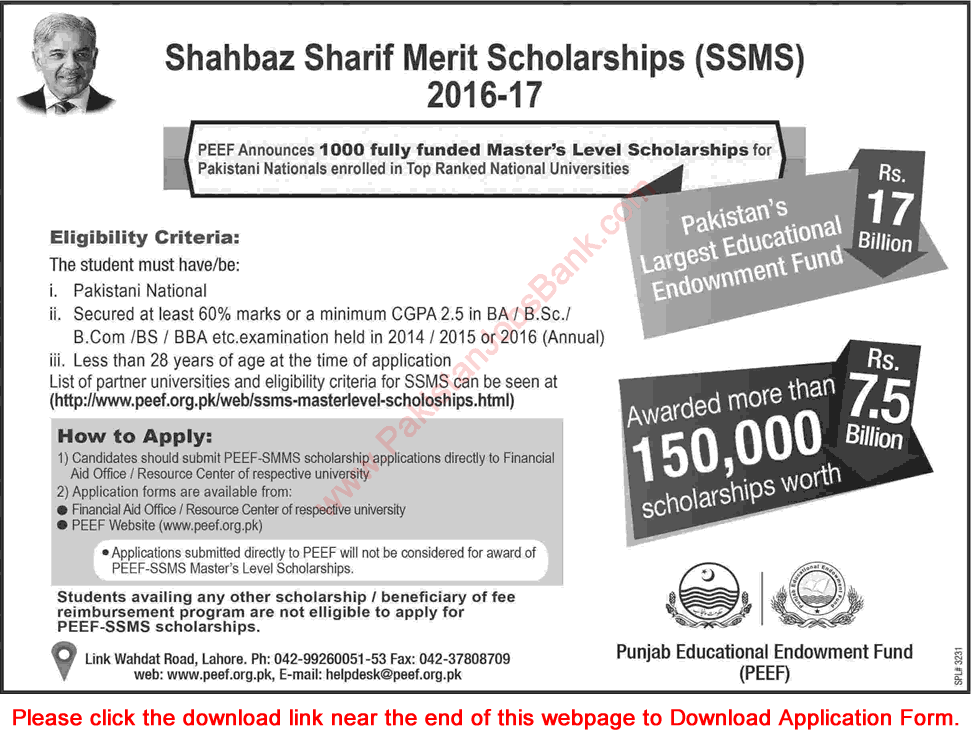 PEEF Shahbaz Sharif Merit Scholarships November 2016 December Application Form SSMS Latest