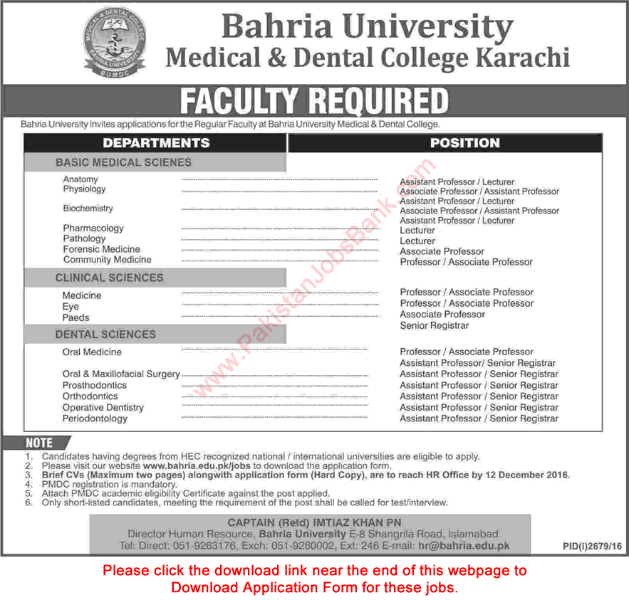 Bahria University Medical and Dental College Karachi Jobs 2016 November / December Application Form Latest