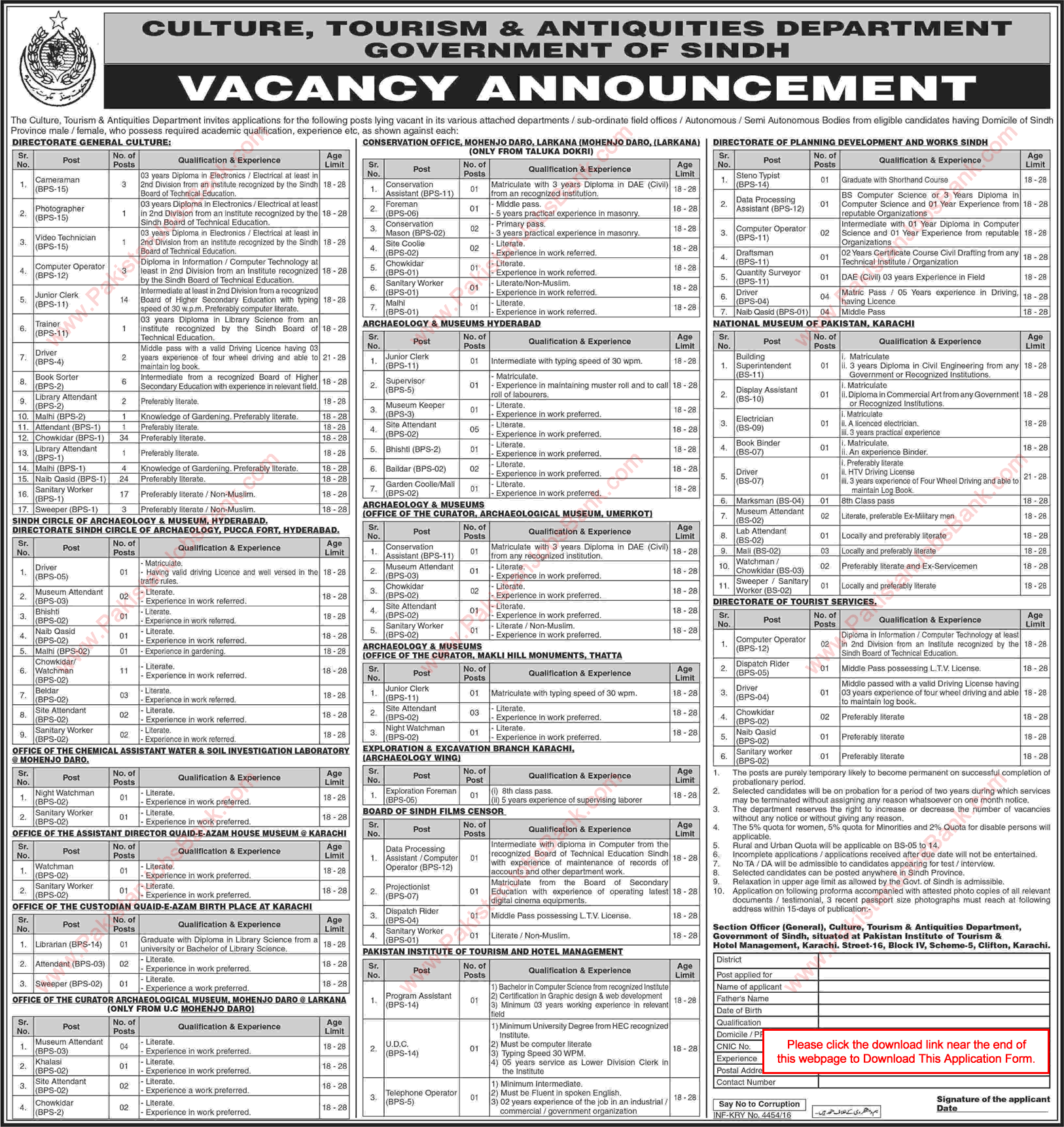 Culture Tourism and Antiquities Department Sindh Jobs November 2016 December Application Form Latest