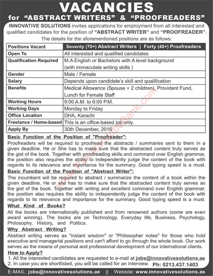 Innovative Solutions Karachi Jobs 2016 December Abstract Writers & Proofreaders Latest