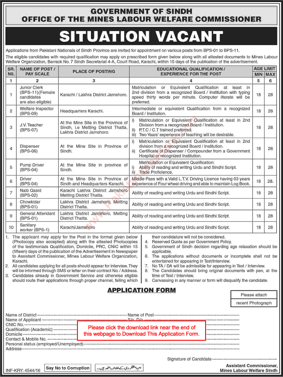 Mines Labour Welfare Organization Sindh Jobs 2016 December Application Form Download Latest