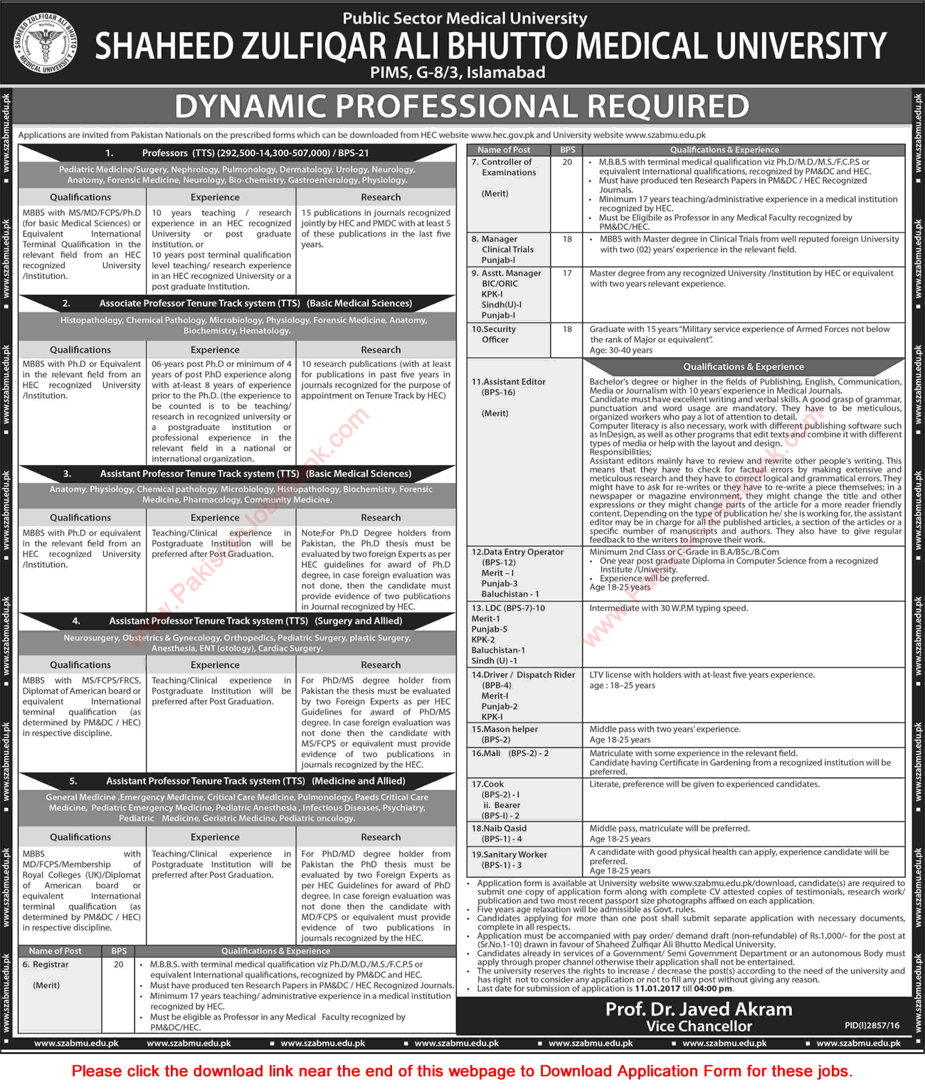 Shaheed Zulfiqar Ali Bhutto Medical University Islamabad Jobs 2016 December Application Form Download Latest