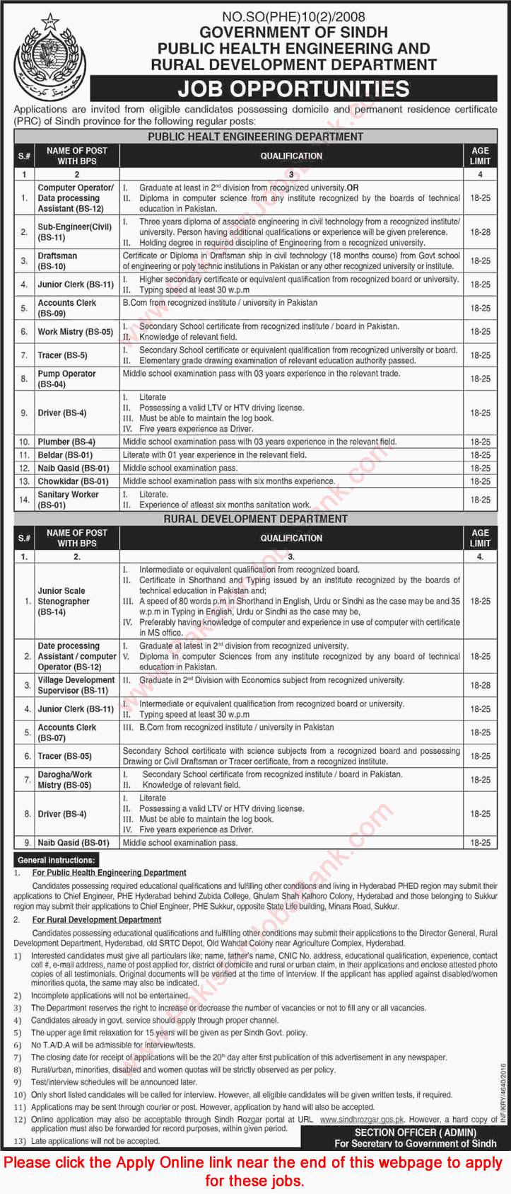 Public Health Engineering and Rural Health Department Sindh Jobs December 2016 Apply Online Latest