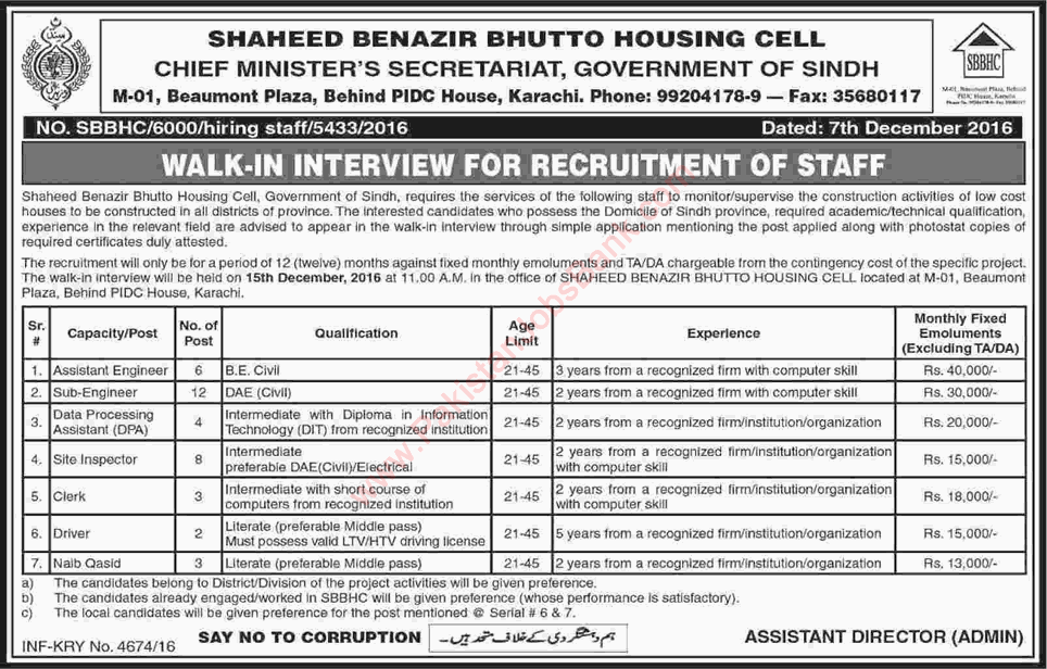 Shaheed Benazir Bhutto Housing Cell Sindh Jobs 2016 December Walk in Interviews Civil Engineers & Others Latest