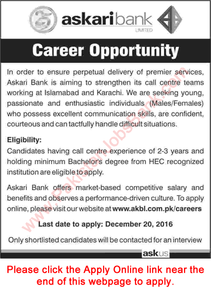 Askari Bank Jobs December 2016 Apply Online for Call Center Officers Latest