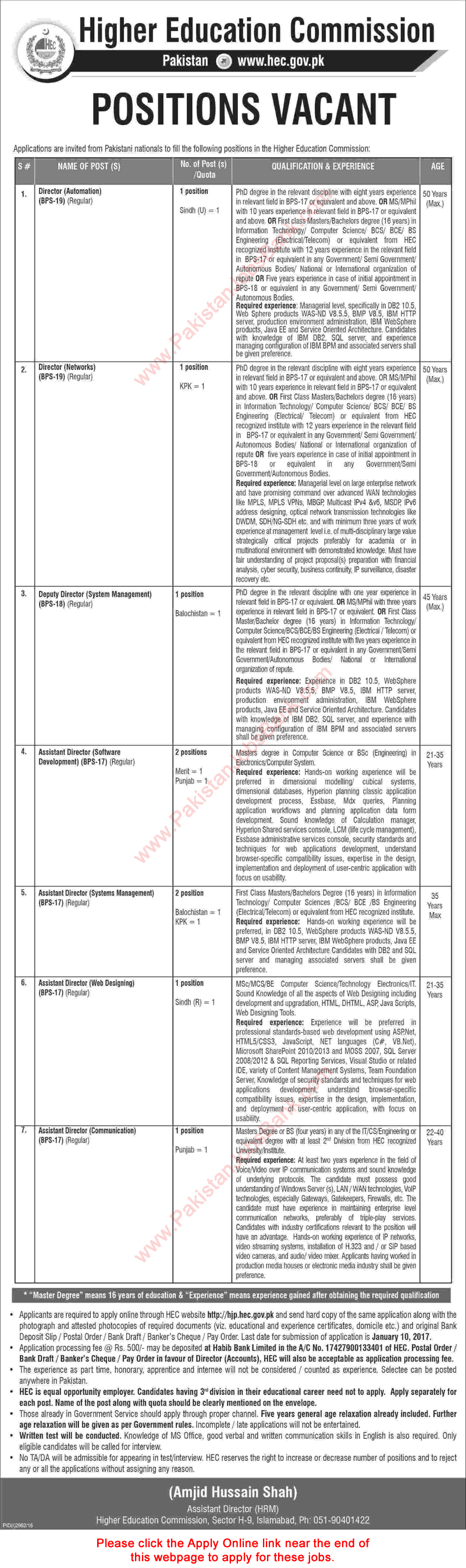 HEC Jobs December 2016 Apply Online Directors Higher Education Commission Latest