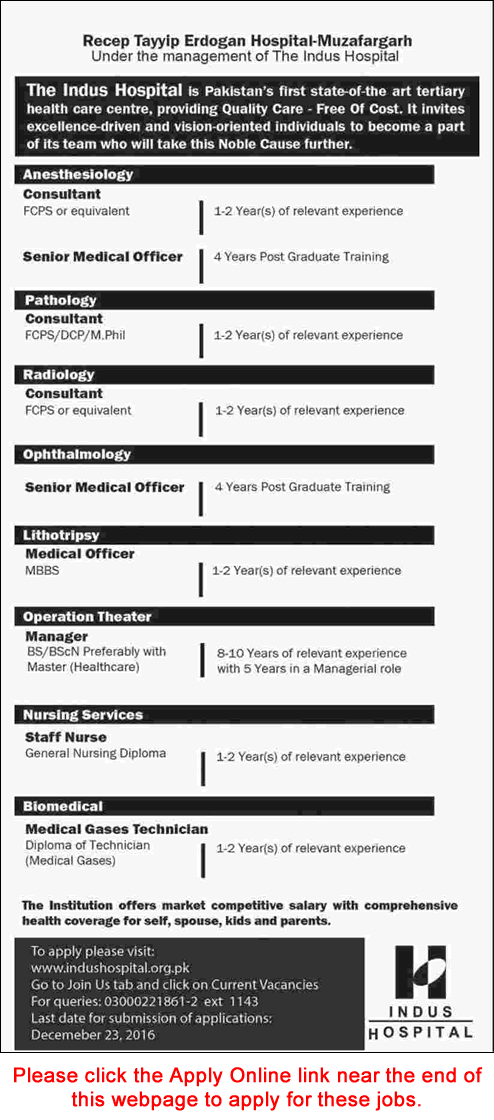 Indus Hospital Muzaffargarh Jobs December 2016 Apply Online Recep Tayyip Erdogan Hospital Latest