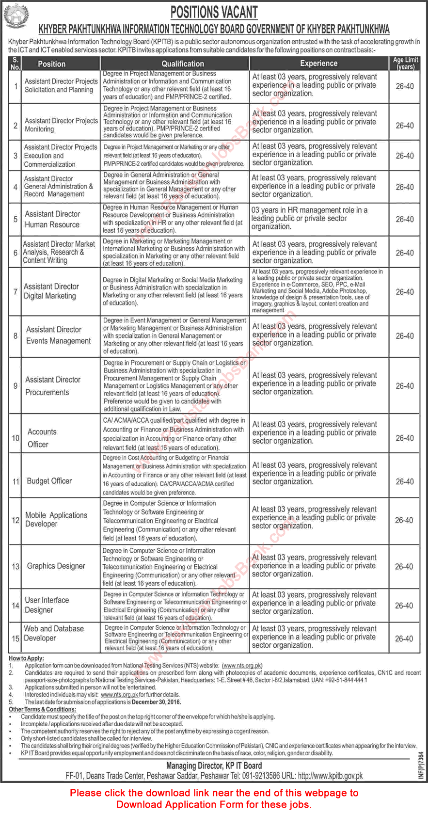 KPK IT Board Peshawar Jobs December 2016 NTS Application Form Download Latest