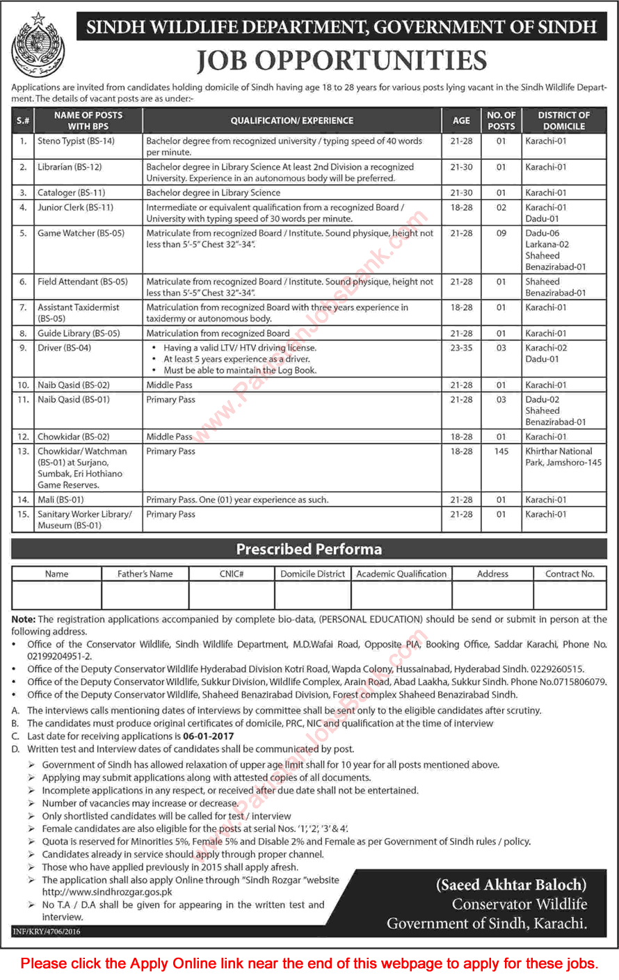 Wildlife Department Sindh Jobs 2016 December Apply Online Chowkidar, Game Watchers, Drivers & Others Latest