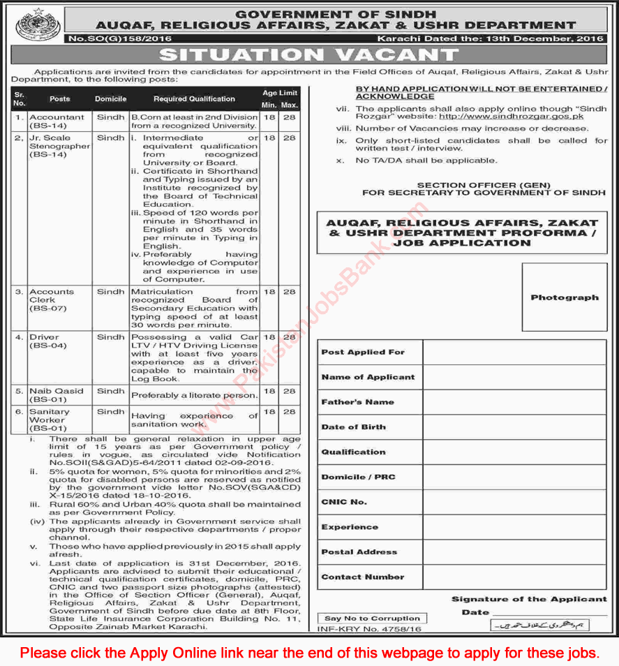 Auqaf Religious Affairs Zakat and Ushr Department Sindh Jobs December 2016 Apply Online Latest