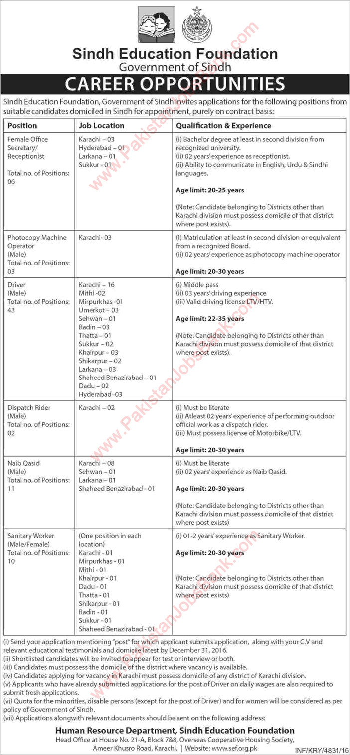 Sindh Education Foundation Jobs December 2016 SEF Drivers, Naib Qasid, Sanitary Workers & Others Latest