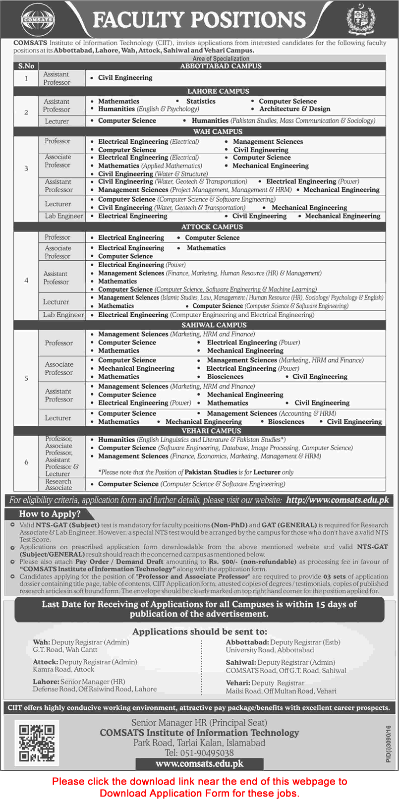 COMSATS Jobs December 2016 Application Form Teaching Faculty, Lab Engineers & Research Associate Latest
