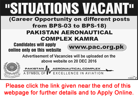 Pakistan Aeronautical Complex Kamra Jobs December 2016 PAC Apply Online Latest / New