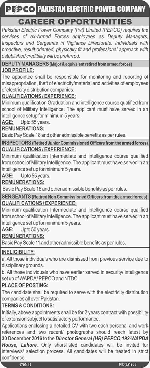 PEPCO Jobs 2016 December Inspectors, Sergeants & Deputy Managers WAPDA Ex/Retired Army Personnel Latest