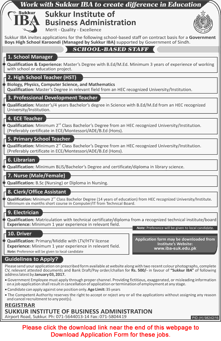 IBA Sukkur Jobs December 2016 Application Form at Government Boys High School Karoondi Latest