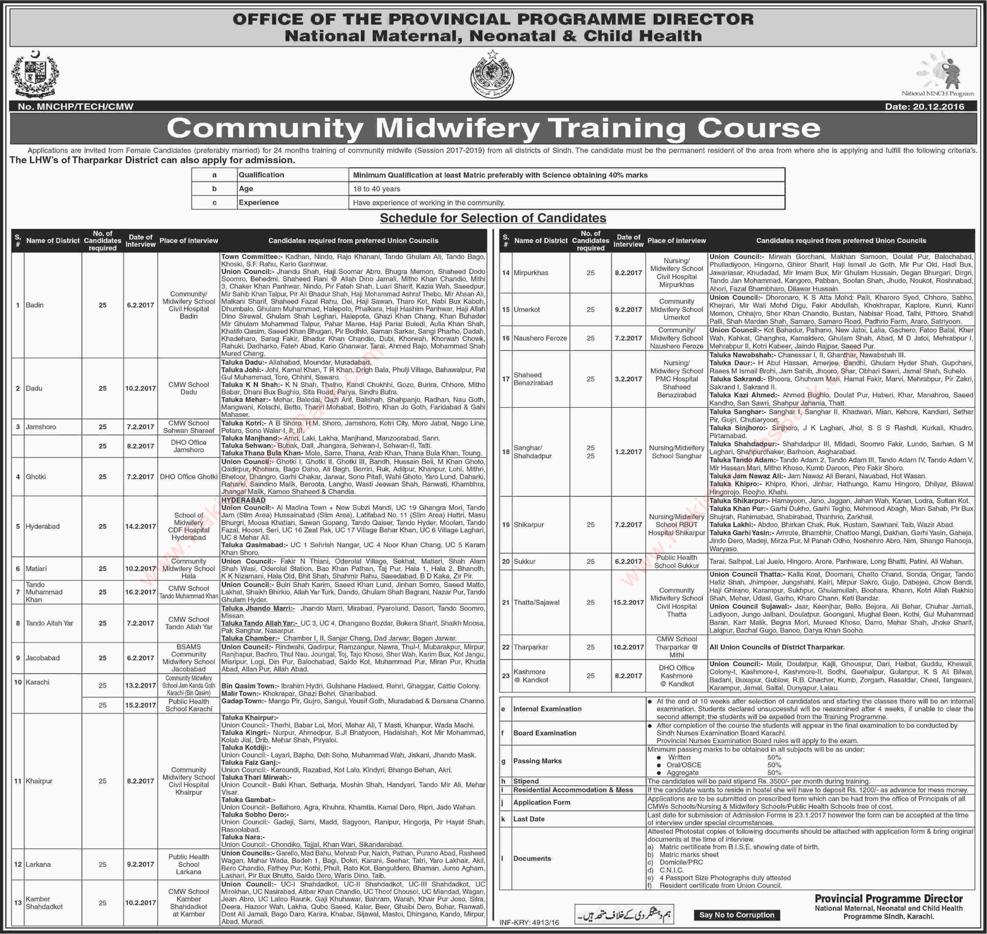 Community Midwifery Free Training Courses in Sindh December 2016 / 2017 National MNCH Program Latest