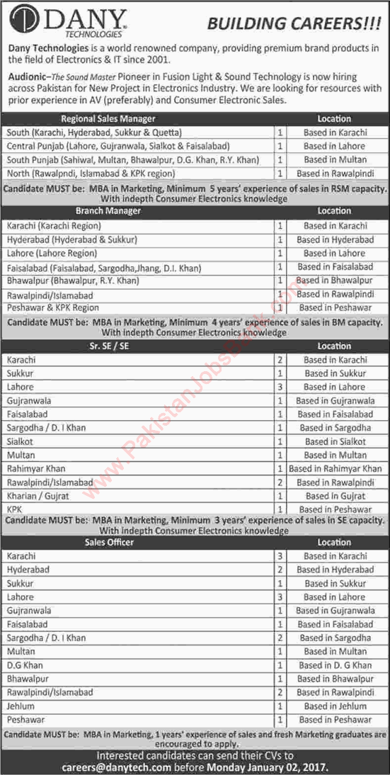 Dany Technologies Pakistan Jobs 2016 December 2017 Sales Executives, Officers & Managers Latest