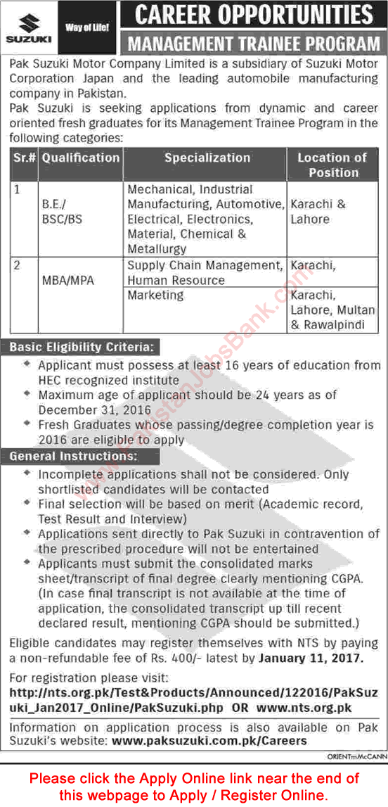 Pak Suzuki Motor Company Management Trainee Program 2017 NTS Online Application Form Latest