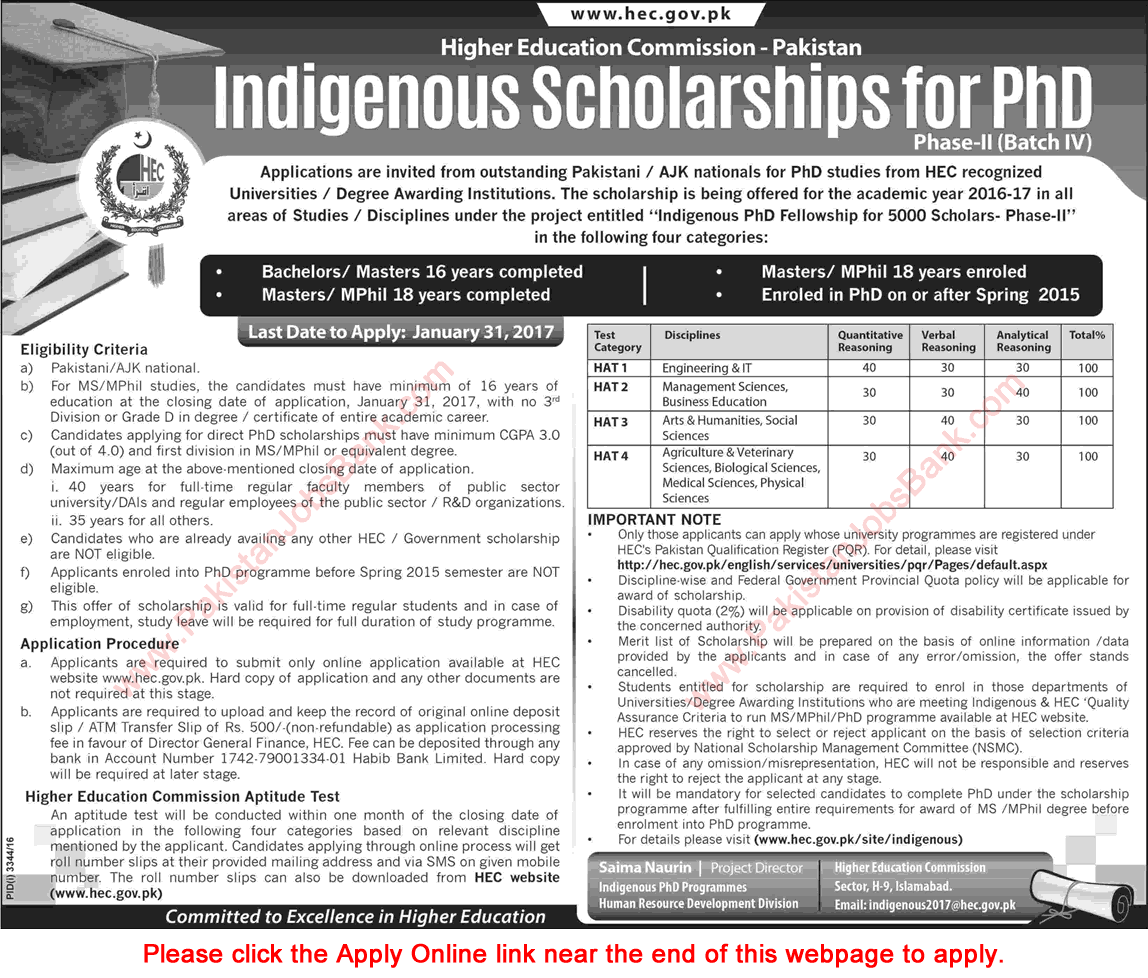 HEC Indigenous Scholarships for PhD 2017 Apply Online Fellowship Program Phase-II Latest