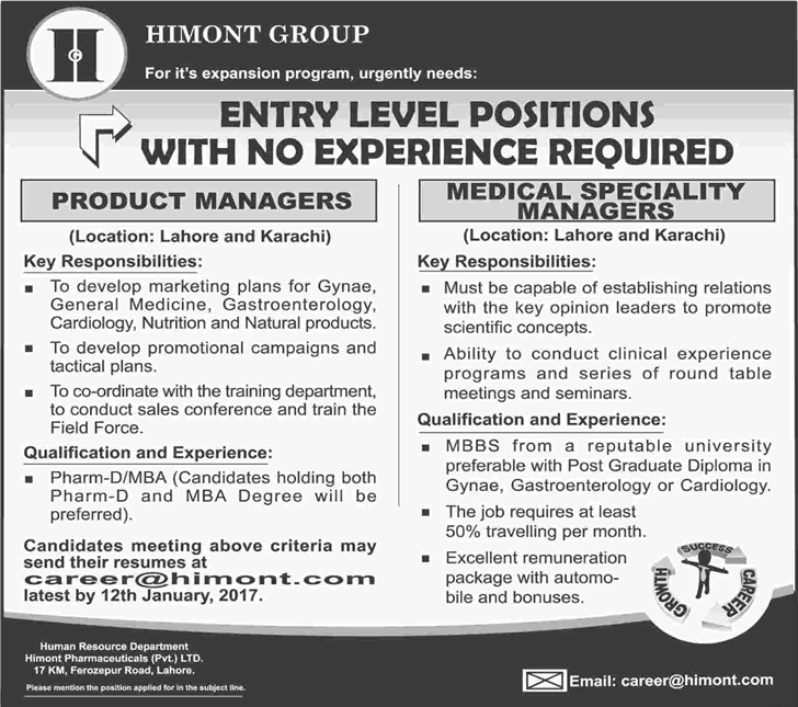 Himont Pharmaceuticals Pakistan Jobs 2017 Lahore / Karachi Product & Medical Specialty Managers Latest