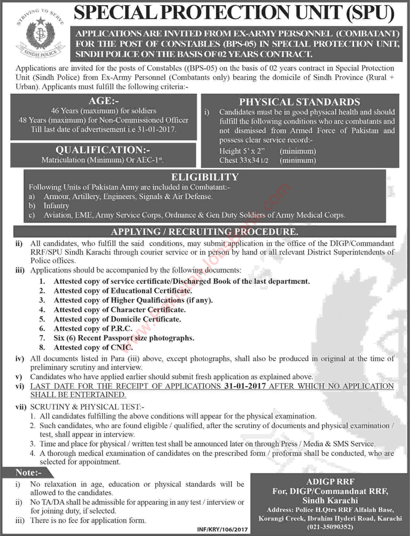 Sindh Police Constable Jobs 2017 in Special Protection Unit SPU Ex/Retired Army Personnel Combatants Latest