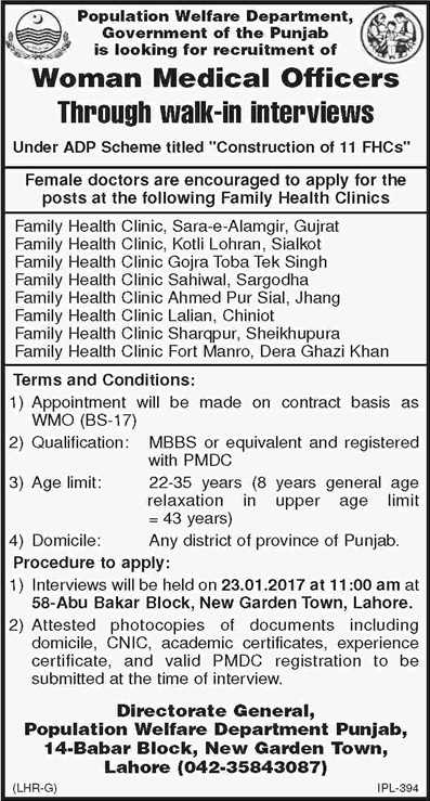 Women Medical Officer Jobs in Population Welfare Department Punjab 2017 Walk in Interviews Latest